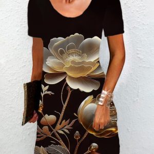 Women's Short Sleeve Summer Floral Jersey Dress Crew Neck Daily Going Out Casual Mini H-Line TUNIC, JustFashionNow Dresses, color:Black|size:XXL,
