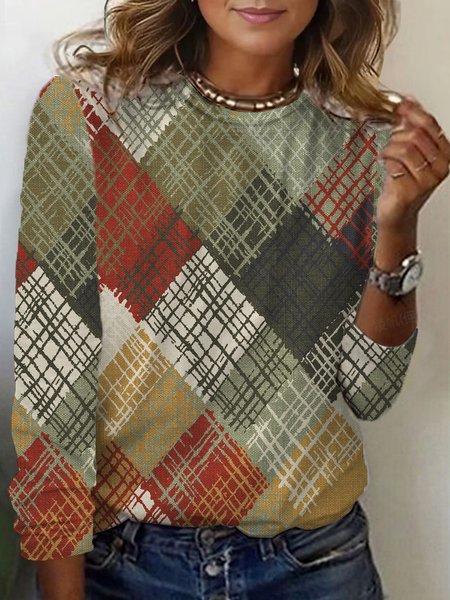 Geometric Print Long Sleeve Crew Neck T-shirt, Long sleeves, Lilicloth.com - Image 4