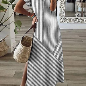 Women Striped Short Sleeve Summer Printing Dress V Neck Daily Casual Maxi X-Line Dress, JustFashionNow Casual Dresses, color:Gray|size:3XL,