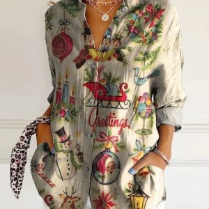 Women's Long Sleeve Shirt Spring/Fall Christmas Shirt Collar Daily Going Out Casual Top, JustFashionNow Blouses, color:Multicolor|size:5XL,