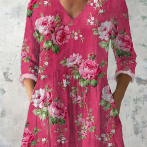 Women's Floral Half Sleeve Blouse_ Summer Printing V Neck Daily Casual Top, JustFashionNow Blouses, color:Rose Red|size:4XL,