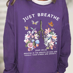 Just Breathe Boho Christian Casual Text Letters Sweatshirt, Hoodies&Sweatshirts, Lilicloth.com