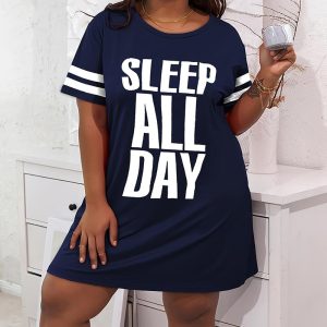 Plus Size Striped Sleep All Day Print Sleep Dress, women Loungewear, ChicMe catalog