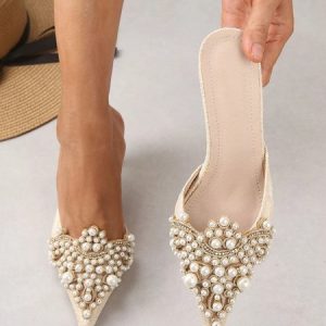 Elegant Imitation Pearl Pointed Toe Kitten Heel Mules, Oxfords, color:Apricot|size:42, Stylewe