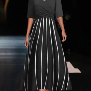 Women's Short Sleeve Summer Striped Dress V Neck Daily Going Out Casual Maxi A-Line, JustFashionNow Dresses, color:Black|size:XXL,