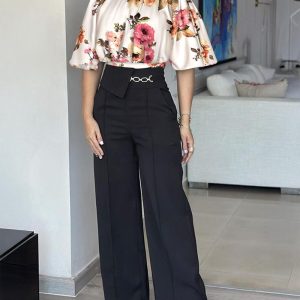 2 Pieces Outfit Floral Print Bell Sleeve Satin Blouse and Casual High Waist Wide Leg Pants Set, women Two-piece Sets, ChicMe catalog
