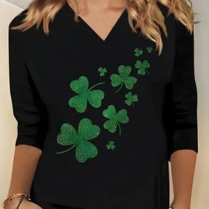 Women's Long Sleeve Tee T-shirt Spring/Fall Shamrock St. Patrick's Day Floral V Neck Casual Top, JustFashionNow T-Shirts, color:Black|size:3XL