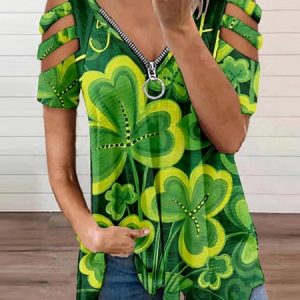 Women's Shamrock Short Sleeve Tee T-shirt V Neck Zipper Casual Summer Tunic Top, JustFashionNow T-Shirts, color:Green|size:4XL,