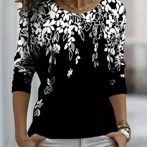 Women's Floral Spring Print Crew Neck Long Sleeve T-Shirt, Long sleeves, Lilicloth.com