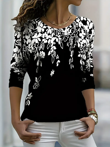 Women's Floral Spring Print Crew Neck Long Sleeve T-Shirt, Long sleeves, Lilicloth.com