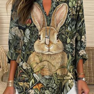 Women's Easter Art Bunny Print V-Neck Shirt, Blouses, Lilicloth.com