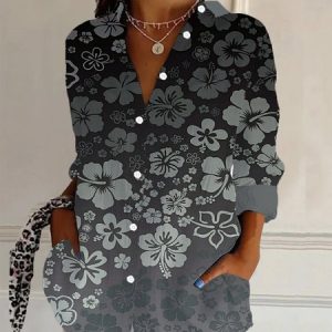 Women's Long Sleeve Shirt Spring/Fall Floral Shirt Collar Daily Going Out Casual Top, JustFashionNow Shirts, color:Black|size:XXL,