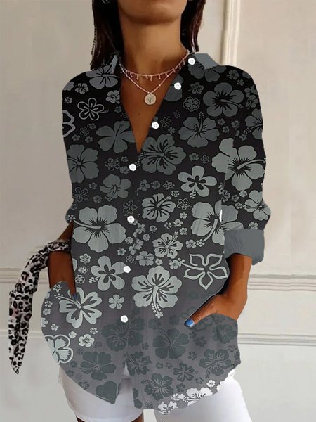 Women's Long Sleeve Shirt Spring/Fall Floral Shirt Collar Daily Going Out Casual Top, JustFashionNow Shirts, color:Black|size:XXL,