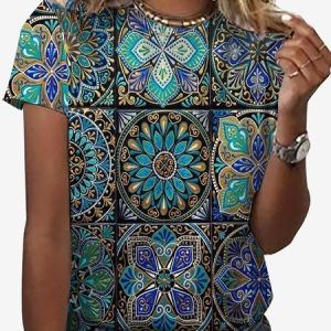 Women's Short Sleeve Tee T-shirt Summer Ethnic Jersey Crew Neck Holiday Going Out Casual Top, JustFashionNow T-Shirts, color:Blue|size:XXL,