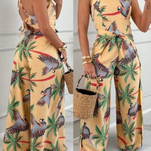 Tribal Print Halter Criss Cross Faux Two Piece Jumpsuit Casual Ruched Tied Detail Wide Leg Romper, women Jumpsuits, ChicMe catalog