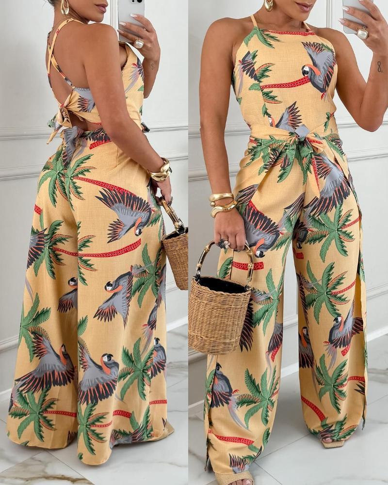Tribal Print Halter Criss Cross Faux Two Piece Jumpsuit Casual Ruched Tied Detail Wide Leg Romper, women Jumpsuits, ChicMe catalog