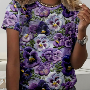 Plus Size Loose Casual Floral Crew Neck T-Shirt, JustFashionNow T-Shirts, color:Purple|size:4X,