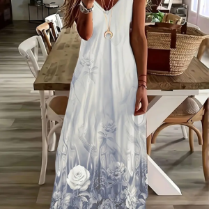 Women Floral Sleeveless Summer Printing Dress V Neck Daily Casual Maxi Slip Dress X-Line Dress, JustFashionNow Casual Dresses, color:Gray|size:5XL,