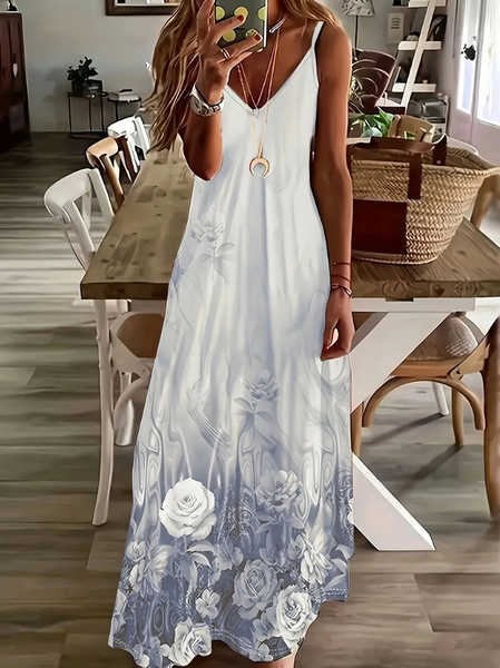 Women Floral Sleeveless Summer Printing Dress V Neck Daily Casual Maxi Slip Dress X-Line Dress, JustFashionNow Casual Dresses, color:Gray|size:5XL,