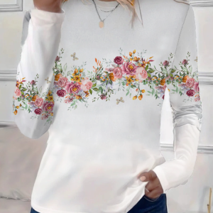 Women's Long Sleeve Tee T-shirt Spring/Fall Floral Printing Crew Neck Casual Top, JustFashionNow T-Shirts, color:White|size:XXL