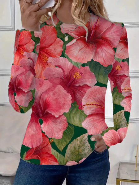 Women's Floral Long Sleeve Tee T-shirt Crew Neck Printing Casual Spring/Fall Graphic Tee Top, JustFashionNow T-Shirts, color:As Picture|size:3XL,