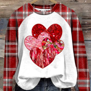Women's Valentine's Day Love Heart Print Plaid Long Sleeve Crew Neck Sweatshirt, JustFashionNow Sweatshirts & Hoodies, color:Red|size:XXL,