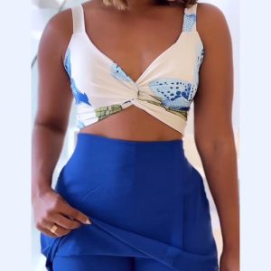 2 Pieces Outfit Floral Print Twist Tied Detail Top and Plain Slim Fit Skirt with Shorts Set, women Two-piece Sets, ChicMe catalog
