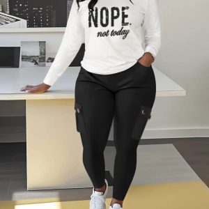 2 Pieces Letter Pattern Round Neck Long Sleeve Top and Casual Pocket Design Skinny Pants Set, women Suit Sets, ChicMe catalog