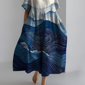 Women's Art Stripe Printed Retro Round Neck Pleated Long Skirt, Dresses, Lilicloth.com