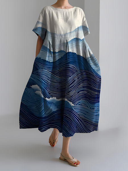 Women's Art Stripe Printed Retro Round Neck Pleated Long Skirt, Dresses, Lilicloth.com
