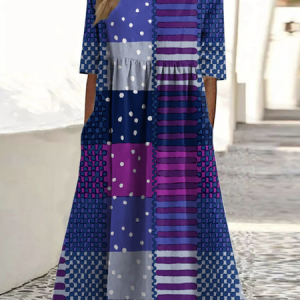 Women Geometric Crew Neck Short Sleeve Comfy Casual Maxi Dress, Maxi, color:Blue Purple|size:3XL, catalog Noracora shop