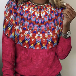 Casual Geometric Crew Neck Long Sleeve T-shirt, T-shirts, color:Red|size:5XL, catalog Noracora shop