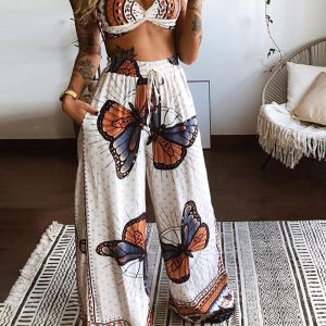 Butterfly Print Twisted Crop Top & Wide Leg Pants Set, women Two-piece Sets, ChicMe catalog