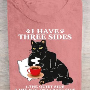 I HAVE THREE SIDES Casual Cotton Cat Crew Neck T-Shirt, T-shirts, Lilicloth.com