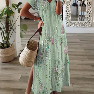 Women Floral Short Sleeve Summer Printing Dress V Neck Daily Casual Maxi X-Line Dress, JustFashionNow Casual Dresses, color:Green|size:3XL,