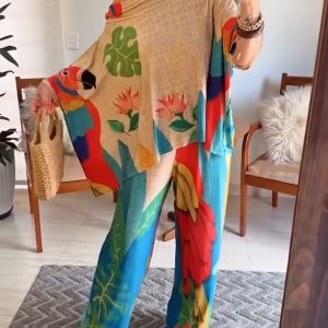 2 Pieces Outfit Tribal Print Cold Shoulder Batwing Sleeve Top and Casual Wide Leg Pants Set, women Two-piece Sets, ChicMe catalog