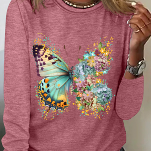 Floral Butterfly Casual Long Sleeve Shirt, Long sleeves, Lilicloth.com
