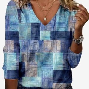 Women's Long Sleeve Tee T-shirt Spring/Fall Geometric Jersey V Neck Daily Going Out Casual Top, JustFashionNow T-Shirts, color:Blue|size:XXL,