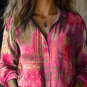 Women's Floral Long Sleeve Shirt Spring/Fall Shirt Collar Daily Vintage Top, JustFashionNow Blouses, color:Pink|size:XXL,