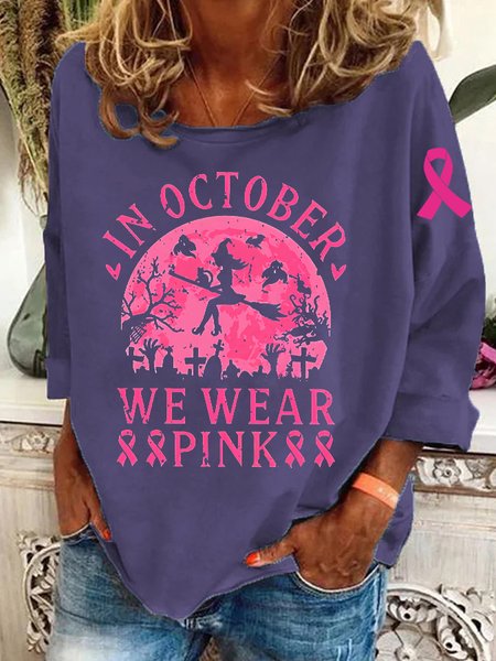 In October We Wear Pink Breast Cancer Awareness Witch Pink Ribbon Print Casual Sweatshirt, Hoodies&Sweatshirts, Lilicloth.com - Image 2