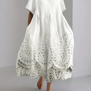 Cottage Wheat flower lace hem Print Casual Crew Neck Loose Dress With No Belt, Dresses, Lilicloth.com