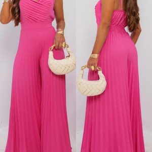 Pleated V Neck Spaghetti Strap Waist Jumpsuit Casual Wide Leg Flared Romper, women Jumpsuits, ChicMe catalog
