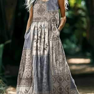 Women Geometric Crew Neck Sleeveless Comfy Casual Maxi Dress, Maxi, color:Light Gray|size:4XL, catalog Noracora shop