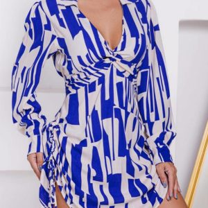 All Over Print Turn-down V-Neck Twisted Side Drawstring Shirt Dress, women Shirt Dresses, ChicMe catalog