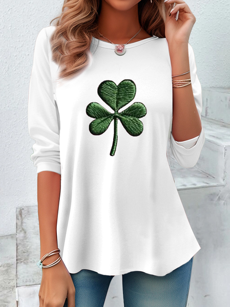 Women's Long Sleeve Tee T-shirt Spring/Fall Shamrock St Patrick's Day Floral Casual Graphic Tee Top, JustFashionNow T-Shirts, color:White|size:XXL