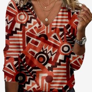 Women's Long Sleeve Tee T-shirt Spring/Fall Geometric Jersey V Neck Daily Going Out Casual Top, JustFashionNow T-Shirts, color:Red|size:XXL,