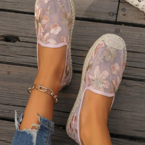Mesh Floral Wedge Heel All Season Shallow Shoes, JustFashionNow Flats, color:Pink|size:43,