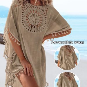 Reversible-wear Graphic Pattern Hollow-out Batwing Sleeve Round Neck Tassel Cover Up Vacation Top, women Cover Ups, ChicMe catalog
