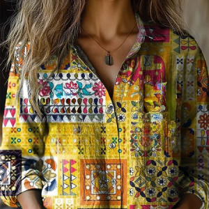 Women's Ethnic Floral Art Print Long Sleeve Shirt, Blouses, Lilicloth.com