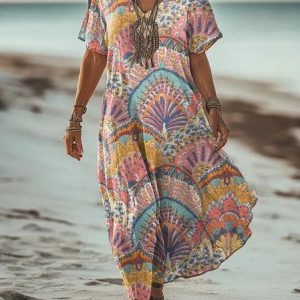 Women Geometric V Neck Summer Maxi Dress, Dresses, color:As Picture|size:4XL, catalog Noracora shop